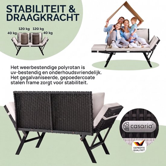 Gedetailleerde foto van de zwarte polyrottan tuinbank met crèmekleurige kussens, inclusief gewichtsindicaties.