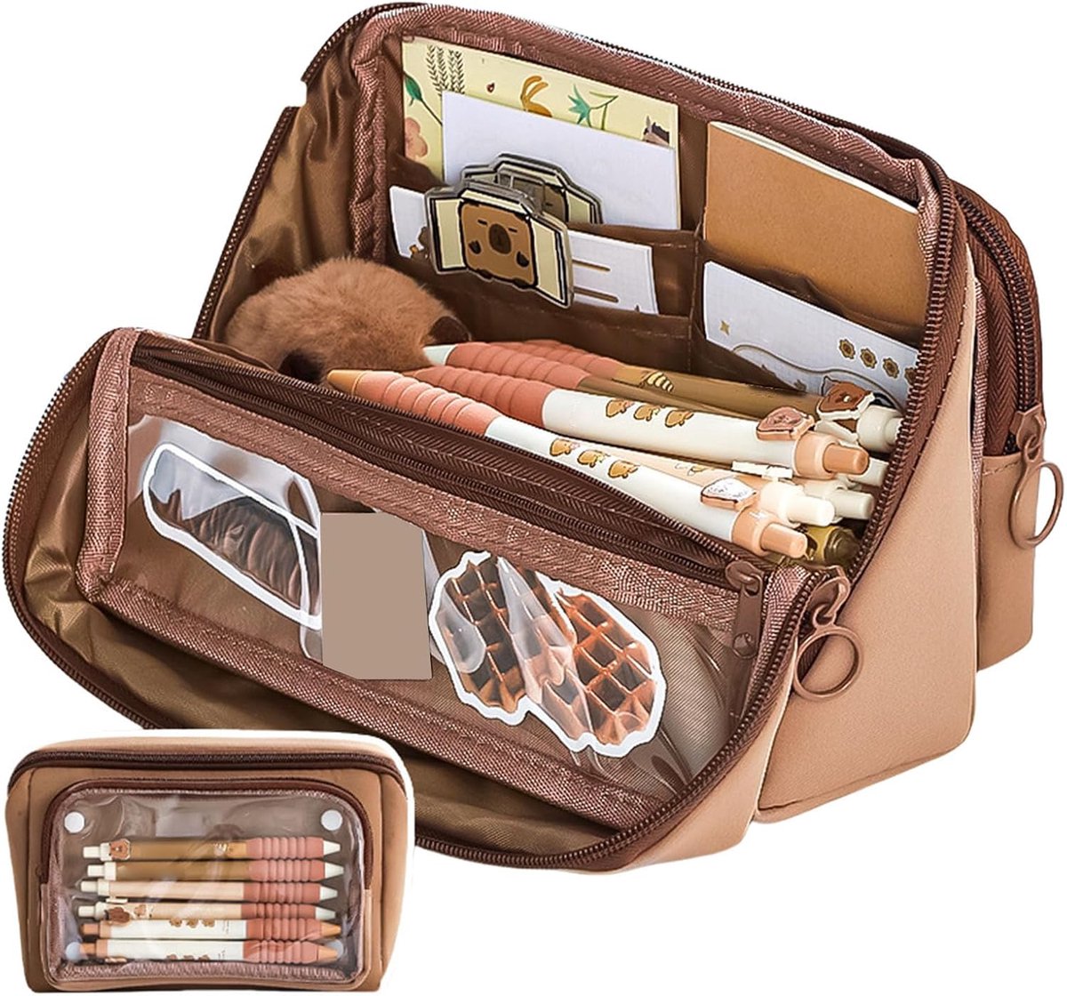 Meerlaagse Etui - Grote Potlood Tas - School Benodigdheden - Afneembare Pennenzakken - 9 Compartimenten - Koffie Kleur