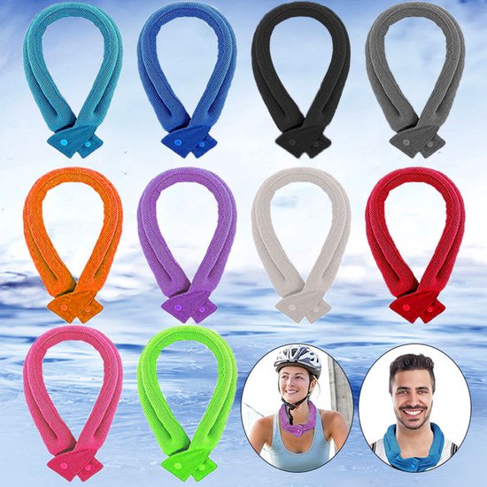 Rijen met koelsjaals in regenboogkleuren: blauw, turquoise, grijs, zwart, paars, roze, oranje, wit, rood, groen. Met opnames van een vrouw op fiets en een man.