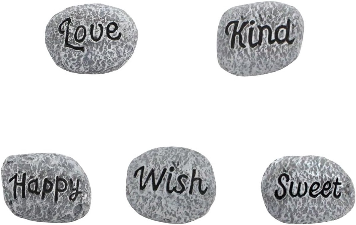 Miniatuur Steen - Decoratieve Steen - Tuin Decoratie - Met Positieve Woorden - 5 Stuks - Grijs