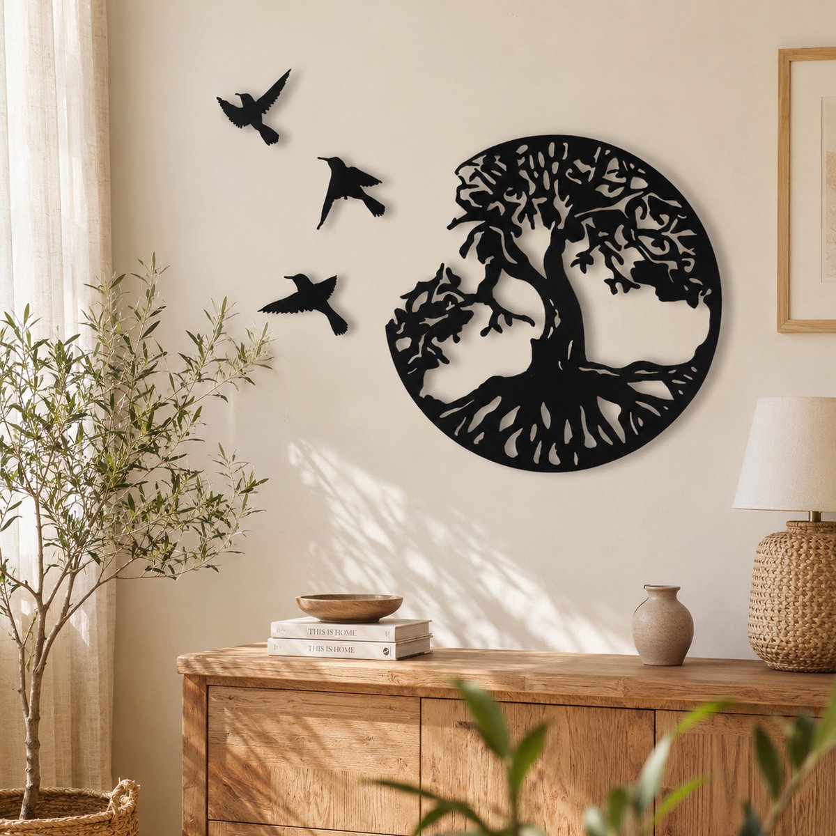 Levensboom - Metaal - 50cm - Tree of Life - Wanddecoratie - wandbord - zwart wit muurdecoratie - Wall Art - Metalen wanddecoratie vogels - Tuindecoratie - Geschikt voor binnen en buiten