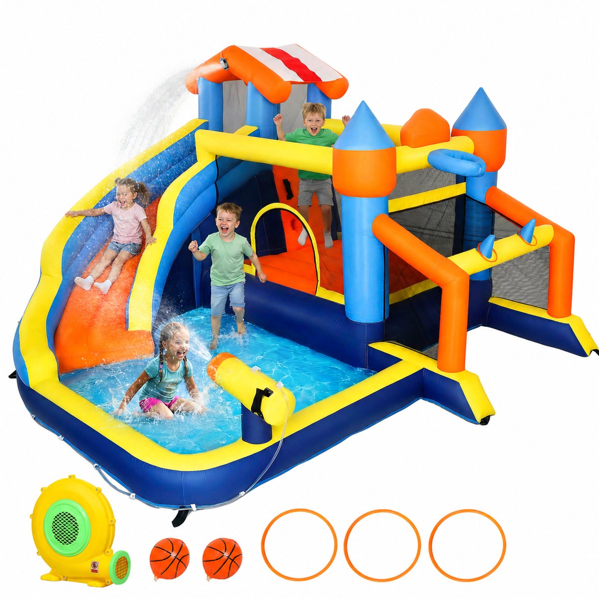 TEKROA® 8-in-1 Springkasteel met 550W blower - glijbaan - trampoline - klimwand - zwembad - doel - basketbalring en werpmachine