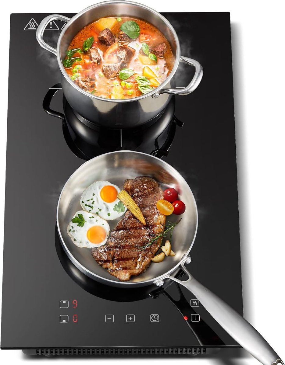 Inductiekookplaat 2 Pits - Elektrische Kookplaat 3300W - Draagbare 30 cm Inductieplaat voor Inbouw en Vrijstaand Gebruik - Touch Bediening, 10 Standen en Timer 1-99 Minuten