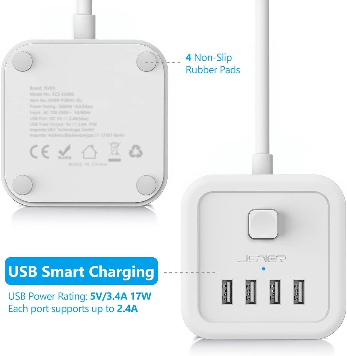 Stekkerdoos met USB - Wit - 8 Stopcontacten - 4 Snellaad USB-poorten - Voor Thuis en Kantoor