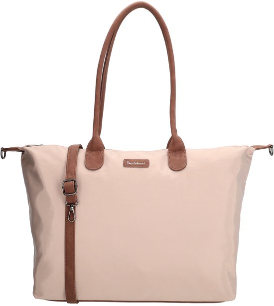 Licht taupe shopper tas van Piero Erbacci met bruine handvatten en een afneembare schouderband.