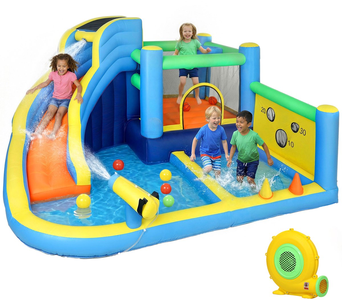 TEKROA® Opblaasbaar Waterpark 8-in-1 met 550W Blower - Springkasteel met Waterglijbaan, Klimwand & Zwembad - Voor Kinderen Buiten