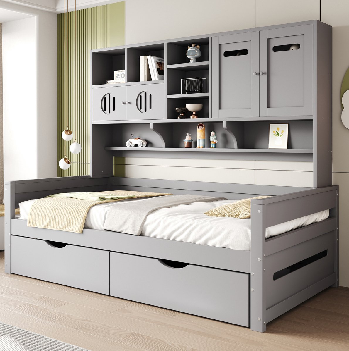 MEUNIQ eenpersoonsbed 90x200 cm met opbergruimte, 2 lades, multifunctionele kast boven bed, lattenbodem, houten bedframe voor slaapkamer, grijs