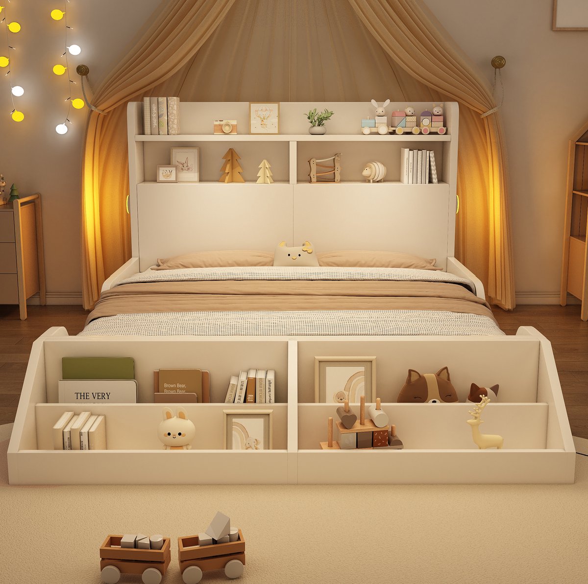 MEUNIQ Kinderbed 140 x 200 cm met boekenrek, twee nachtlampjes, hoofdbord met opbergvakken en lattenbodem, wit