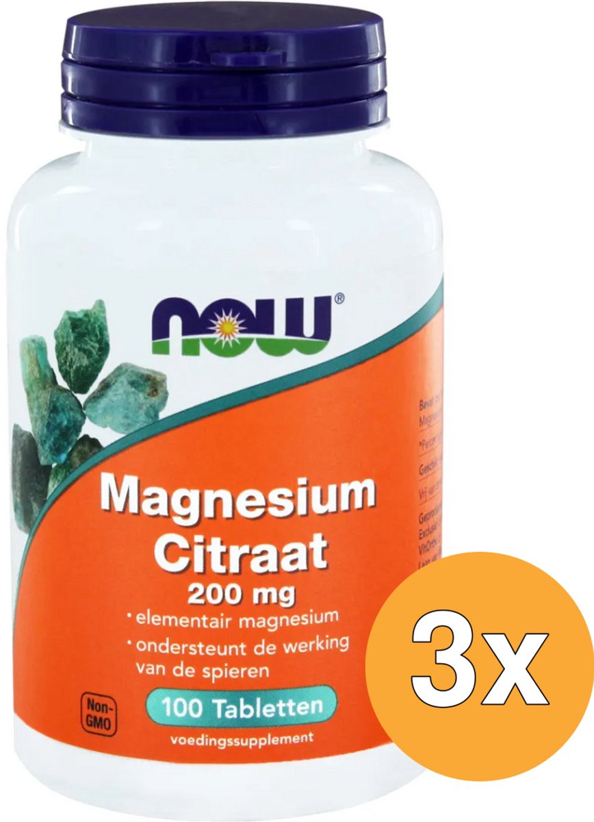 3x Now Magnesium citraat 200 mg (100 tabletten)