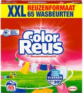 XXL Color Reus waspoeder pak met wasgoed aan een waslijn en de tekst 'Reuzenformaat 65 wasbeurten'.