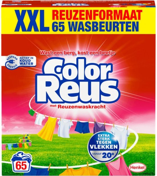 XXL Color Reus waspoeder pak met wasgoed aan een waslijn en de tekst 'Reuzenformaat 65 wasbeurten'.