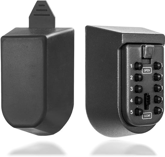 Zwarte metalen sleutelkluis en deksel met rubberen coating, op witte achtergrond.