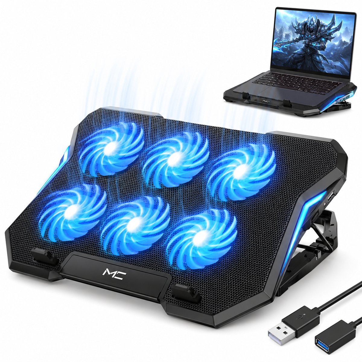 ITRONIQ Laptop Koeler 14-17 Inch - Gaming Laptop Cooling Pad Met 6 Stille Ventilatoren - Verstelbare Hoogte - USB - Zwart