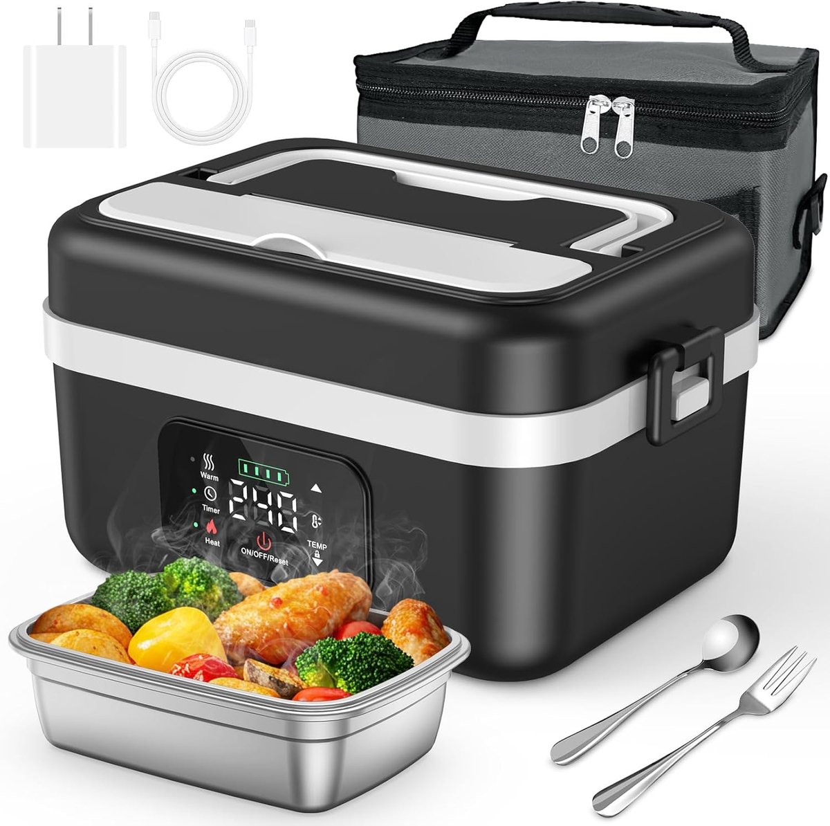 Oplaadbare Elektrische Lunchbox 1000 ml - 60W Snelverwarmen 90 Minuten Batterijduur - Reserveringsfunctie Stille Werking - Perfect Voor Werk Bouwplaats En Reizen