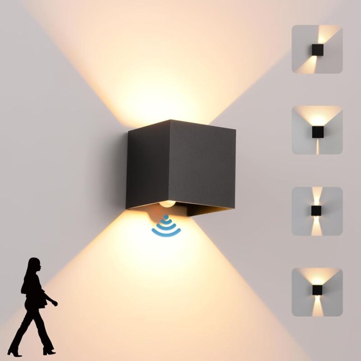 6W LED-wandlamp, geschikt voor binnen- en buitengebruik,geschikt voor bewegingssensor, modern warm wit licht (3000K), waterdicht (IP65), verstelbare stralingshoek, zwart.