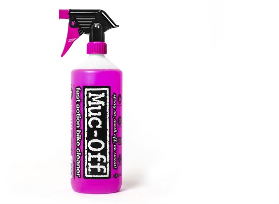 Roze spuitfles met de tekst 'Muc-Off fast action bike cleaner' in witte letters.