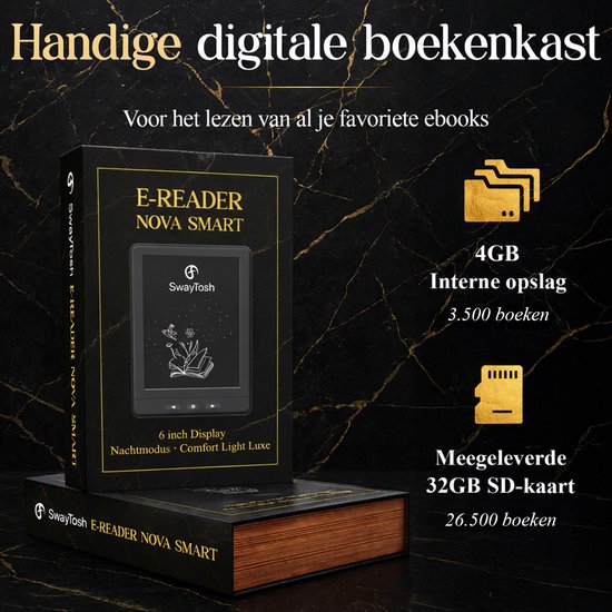 De SwayTosh Nova Smart e-reader in de verpakking, met specificaties zoals 6 inch display en 32GB SD-kaart.