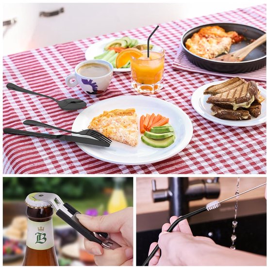 Camping Bestekset 9-delig - RVS Reisbestek - Inclusief Draagtas, Rietje, Reinigingsborstel & Flesopener - Zwart - Voor Kamperen, Reizen, Picknick & Outdoor — afbeelding 4