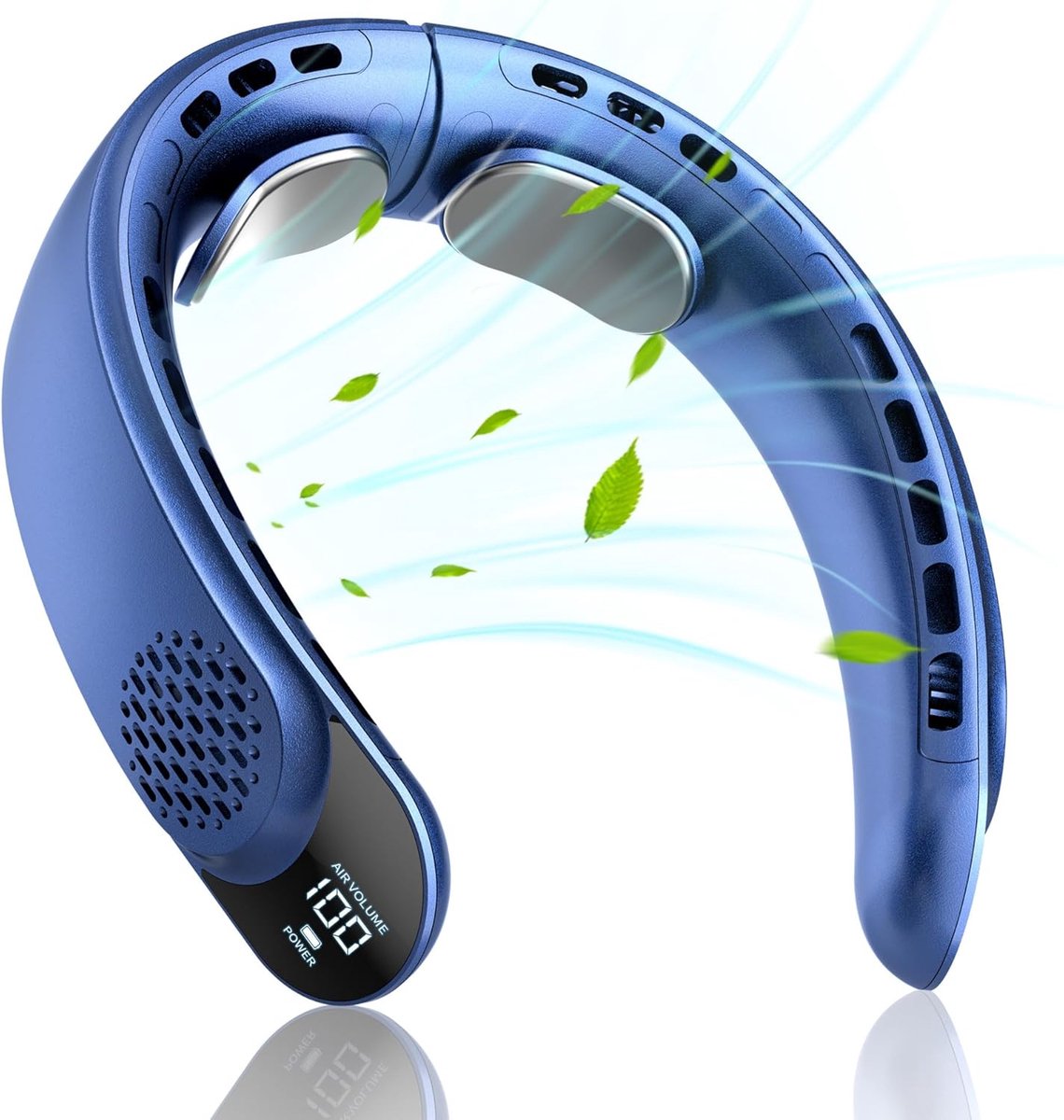 LISM-Draagbare nekventilator met 360° circulaire luchtstroom, handzaam ontwerp zonder bladen, 4000mAh batterij, drie snelheidsstanden, USB-opladen, geschikt voor thuis, op kantoor, op reis en tijdens het sporten (blauw).