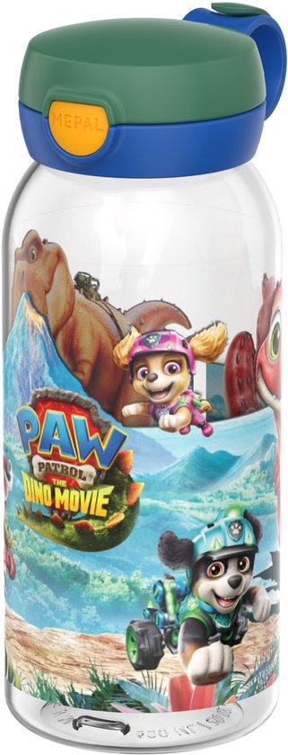 Transparante kinderdrinkfles met Paw Patrol Dino print en blauwgroene fliptop met groen en geel accent.