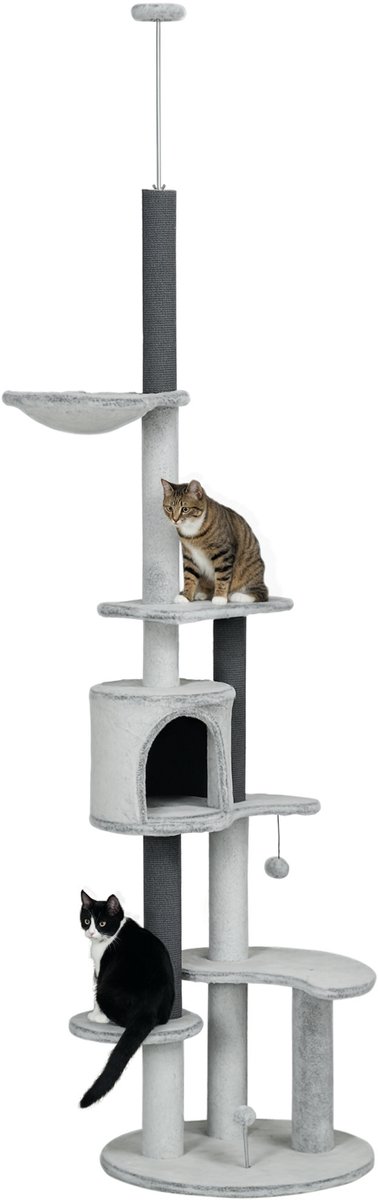 Vloer-tot-plafond Krabpaal 225-255 cm - Meerlaags Kattenboom met Kattenhuis, Hangmat en Speelbal, Zacht Pluche, Lichtgrijs