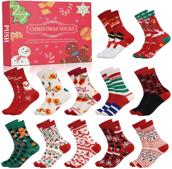 Calendrier de l'avent rouge et douze paires de chaussettes de Noël avec des motifs tels que des arbres de Noël, des rennes, des bonhommes de neige et des bonshommes en pain d'épice.