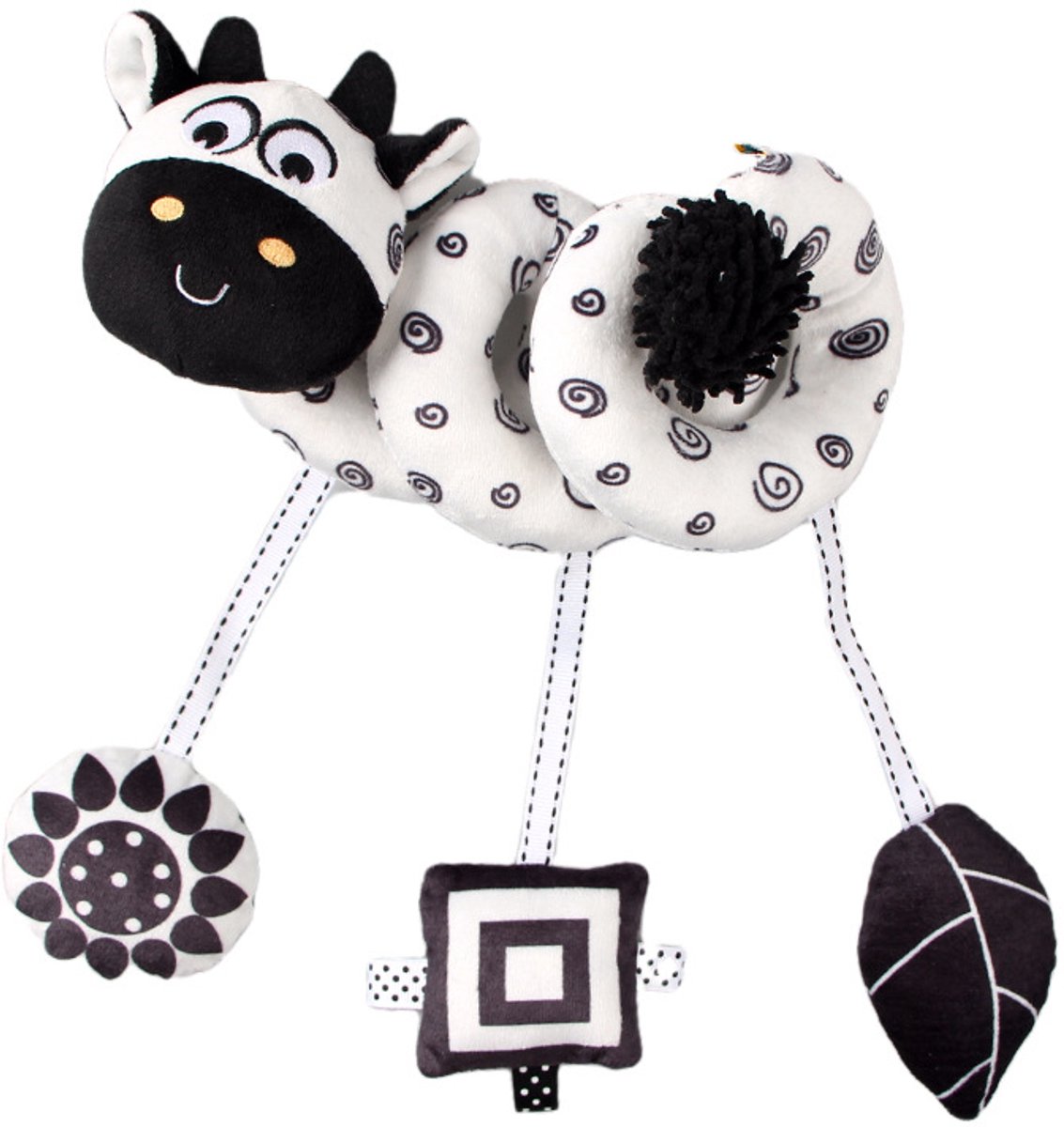 COOAU - Boxspiraal Baby Speelgoed - Pluchen Knuffel met Rammelaar voor Kinderwagen, Autostoel & Buggy - Sensorisch Speelgoed voor Baby's van 0-6 Maanden - Unisex - Zacht & Veilig - Zwart-witte koe