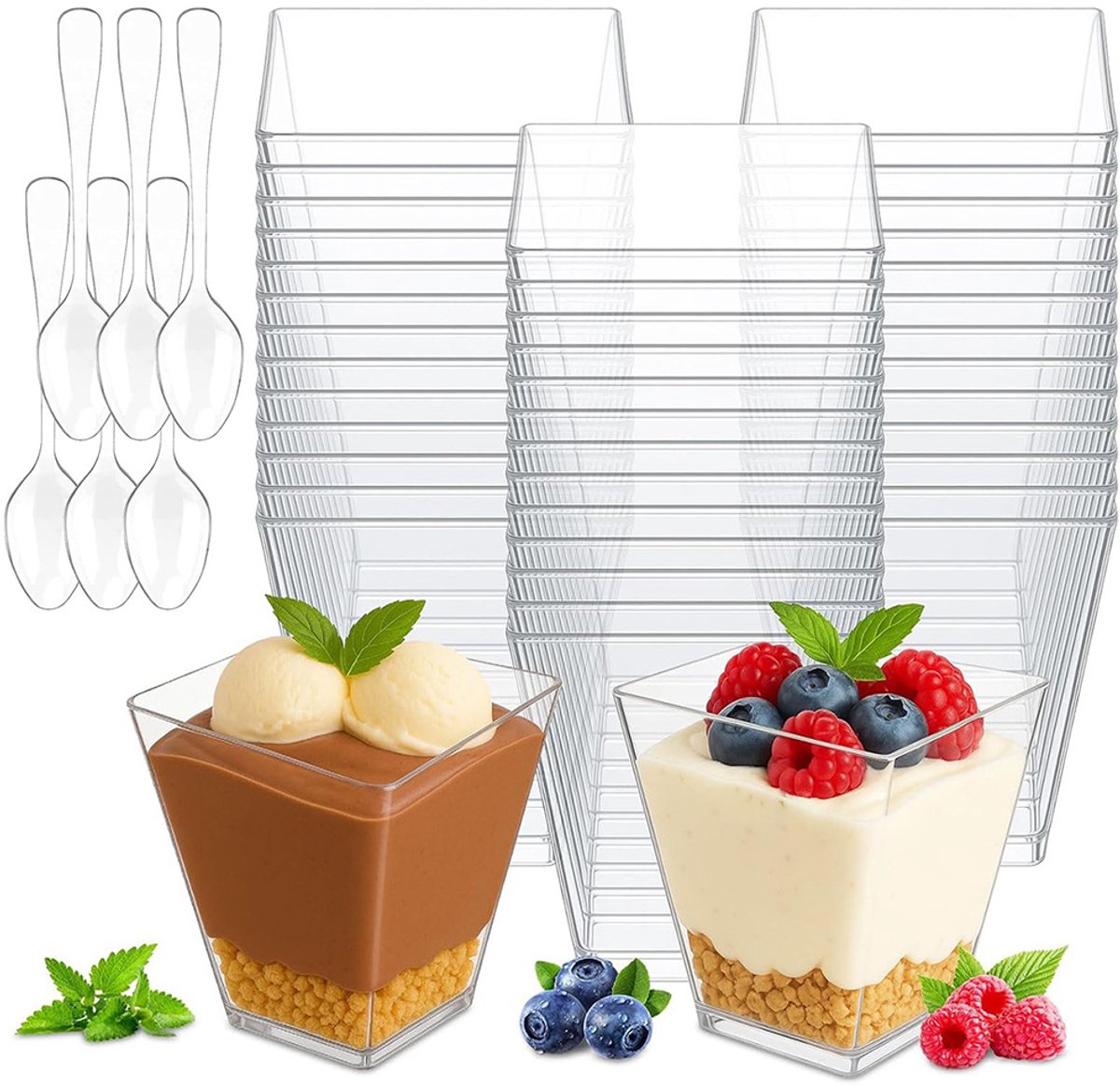 Mini dessertbekertjes - set van 100 stuks - 50 vierkante bekertjes van 200 ml + 50 lepels van 5 cm - vierkante bekertjes - moussebekertjes - puddingbekertjes - transparant plastic - duurzaam - perfect voor verjaardagen, bruiloften en feesten