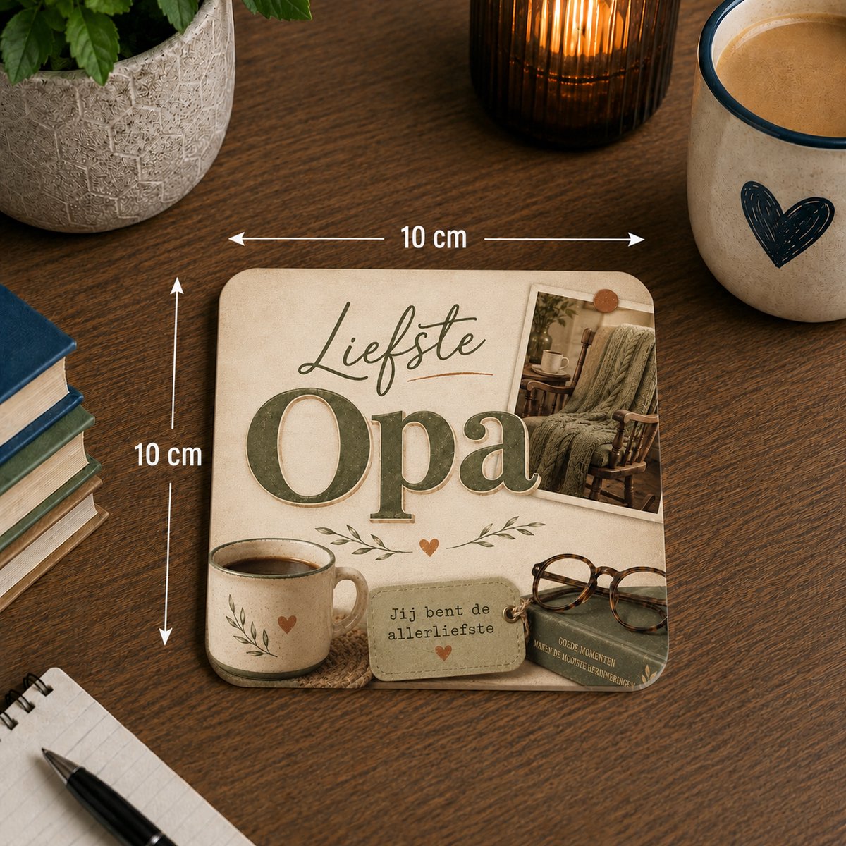 Onderzetter Liefste Opa – 10 x 10 cm – Vierkante Onderzetter met Vintage Design – Cadeau voor Opa