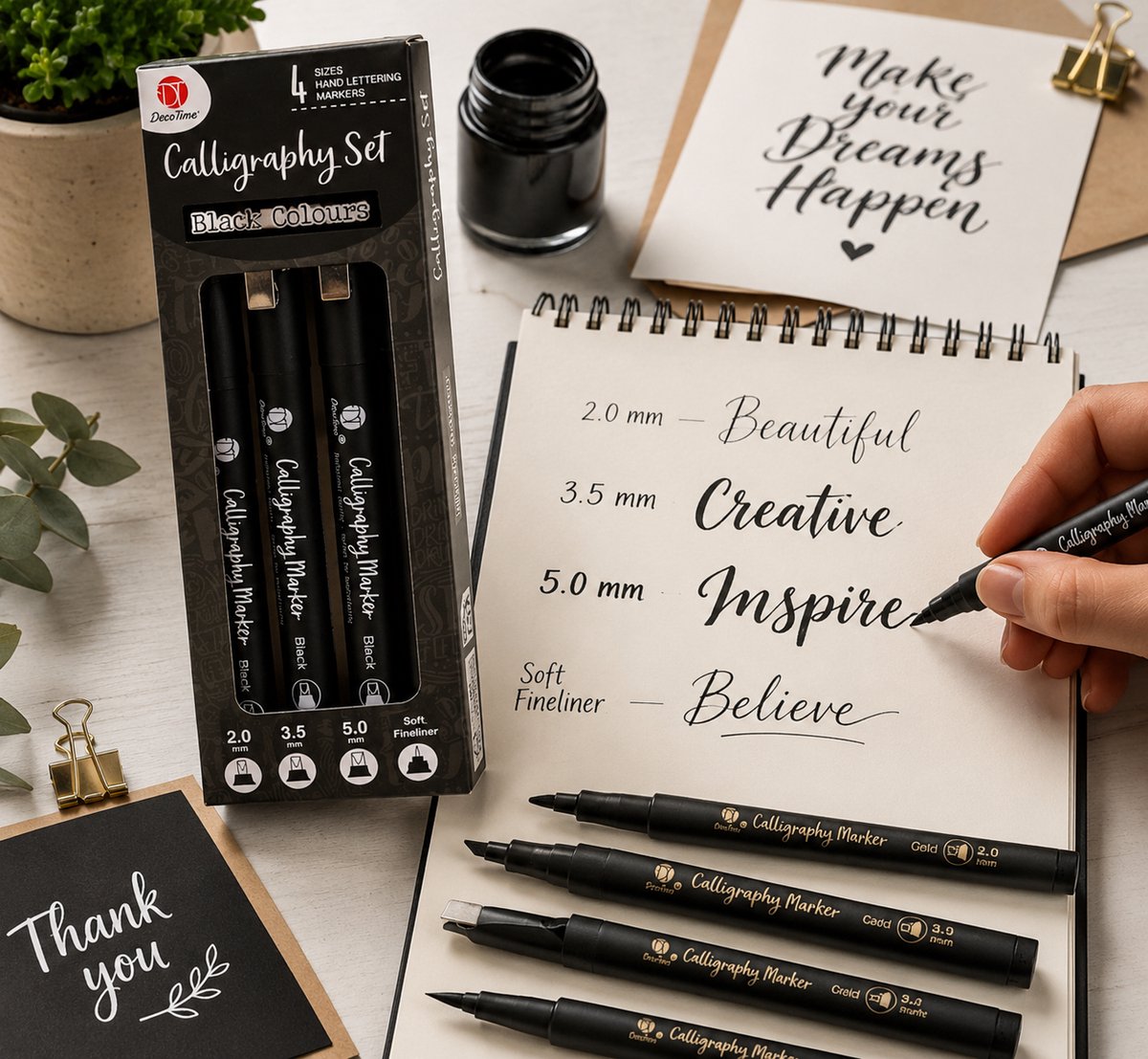 Calligraphy Set – 4 Handlettering Markers – Rose Gold kleur – 2.0 / 3.5 / 5.0 mm + Fineliner