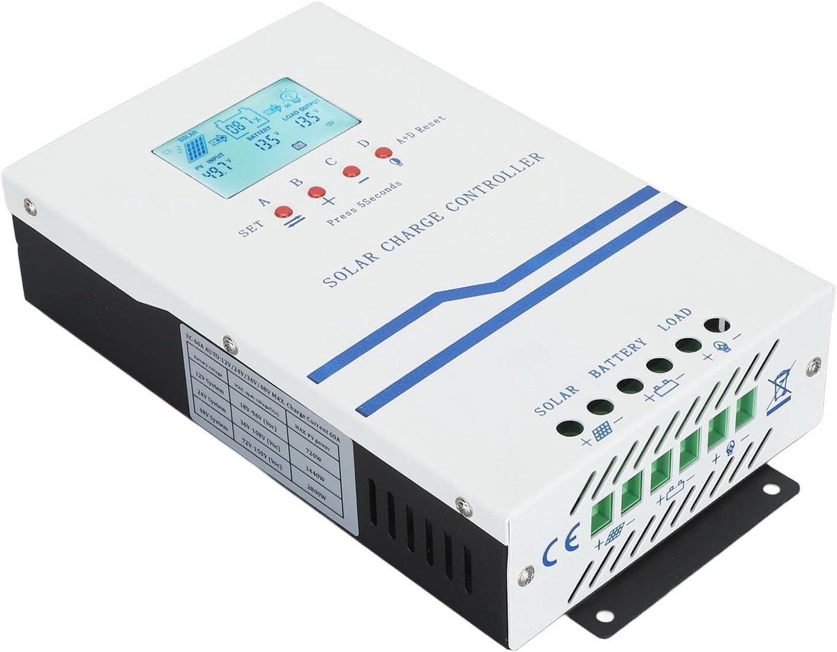 MPPT Zonnelaadcontroller - Zonnecontroller Solar Regulator - Energie Opladen - LCD Achtergrondverlichting - 60A - Grijs
