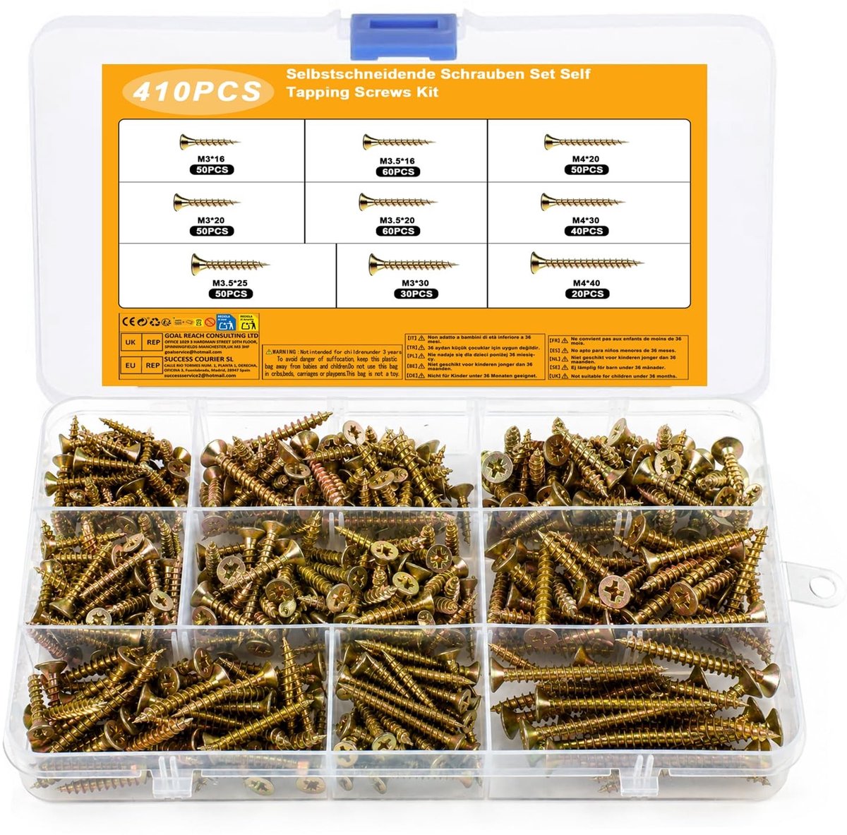 410 Pcs Zelftappende Schroeven Set, M3 M3.5 M4 Platte Hoofd Houtschroeven, Universele Schroeven voor Houtbewerking en Montage