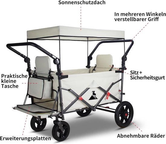Bolderkar met remmen - Handwagen campingwagen - Familie uitstapjes - Inklapbaar met zitplaatsen - 120 l opbergruimte - Beige van Bolderkar — afbeelding 5