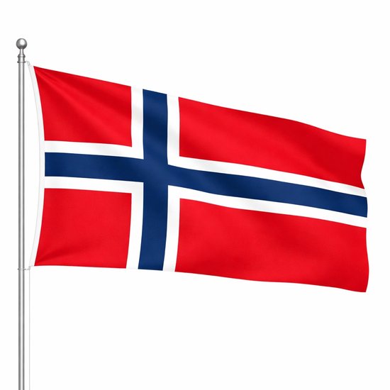 Drapeau norvégien sur un mât sur fond blanc.