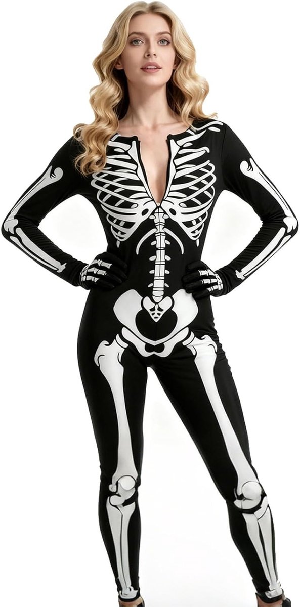 Vrouwelijk Skeletten Kostuum voor Halloween - Jumpsuit voor Raveparty, Cosplay en Carnaval met Horror Thema