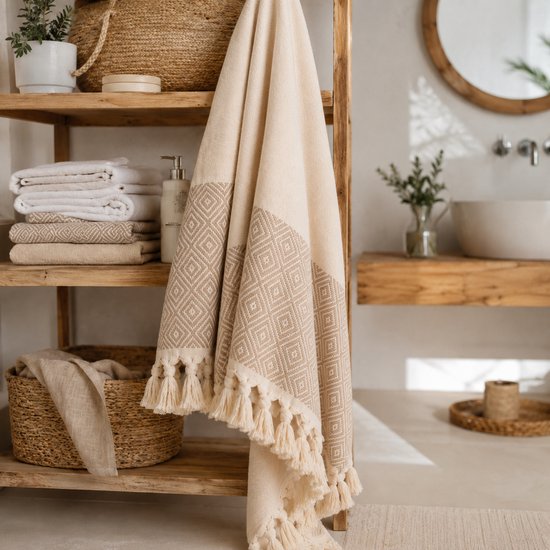 Beige hamamdoek met ruitpatroon en franjes, hangend aan een houten rek in een badkamer.
