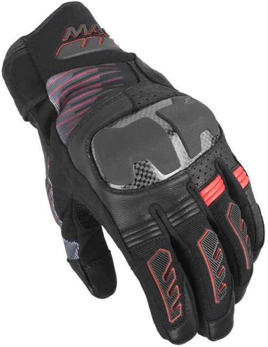 Zwarte motorhandschoen met rode lijnen en grijze accenten, flexibele bescherming op knokkels.