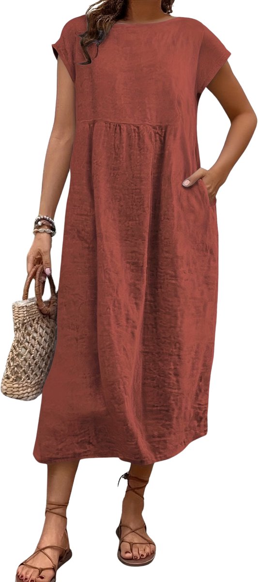 Currero Zomerjurk Dames Zomerjurken Volwassenen Vrouwen Midi Jurk Ibiza Stijl Sundress Dress Baksteenrood XXL Baksteenrood-1