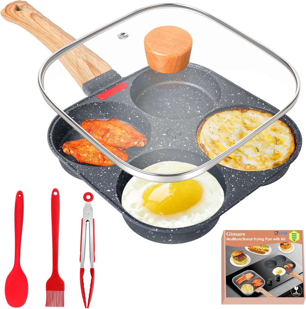 Spiegelpan met deksel - 4-gaten pan - Ontbijt bakken - Efficiënt en tijdbesparend - 19x19x2.5 cm - Zwart
