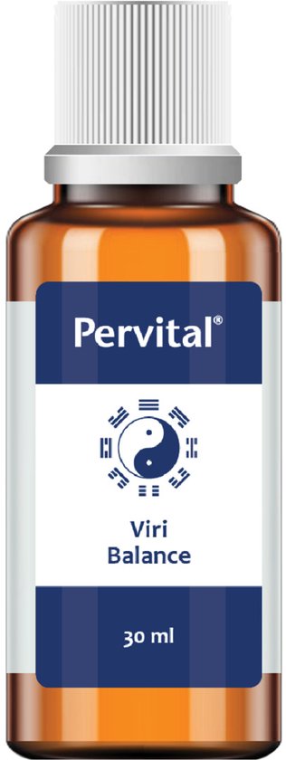 Pervital Viri Balance 30 ml. Amberkleurig flesje met blauw en wit etiket en Yin en Yang symbool.