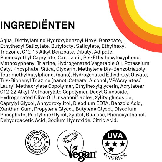 Ingrediënten P20 Kids. Vegan, Fragrance-free, UVA Superior.