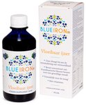 Blueiron vloeibaar ijzer met bosbessensmaak, 330 ml. Een fles en doos met bosbesillustraties.