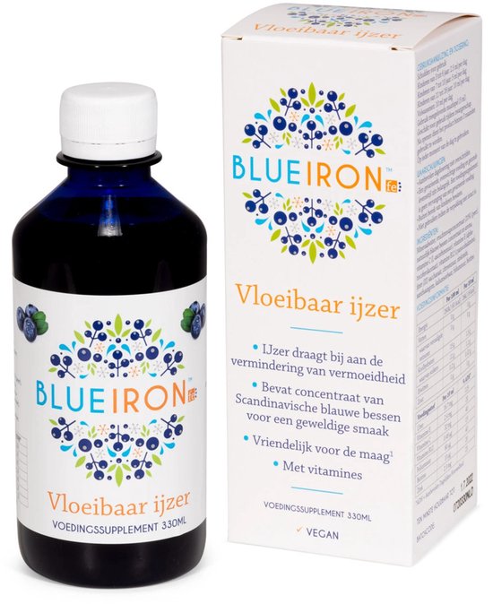 Blueiron vloeibaar ijzer met bosbessensmaak, 330 ml. Een fles en doos met bosbesillustraties.