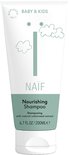Witte tube met groene opdruk. Naïf Nourishing Shampoo, 200ml. Met afbeeldingen van wolken en twee stippen.