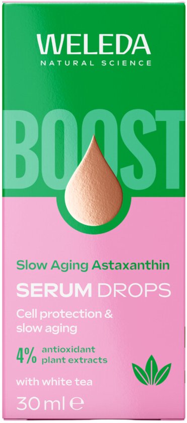 Doosje met Weleda Slow Aging Astaxanthin Serum Drops. Roze en groen design met de tekst "BOOST".