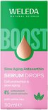 Doosje met Weleda Slow Aging Astaxanthin Serum Drops. Roze en groen design met de tekst "BOOST".