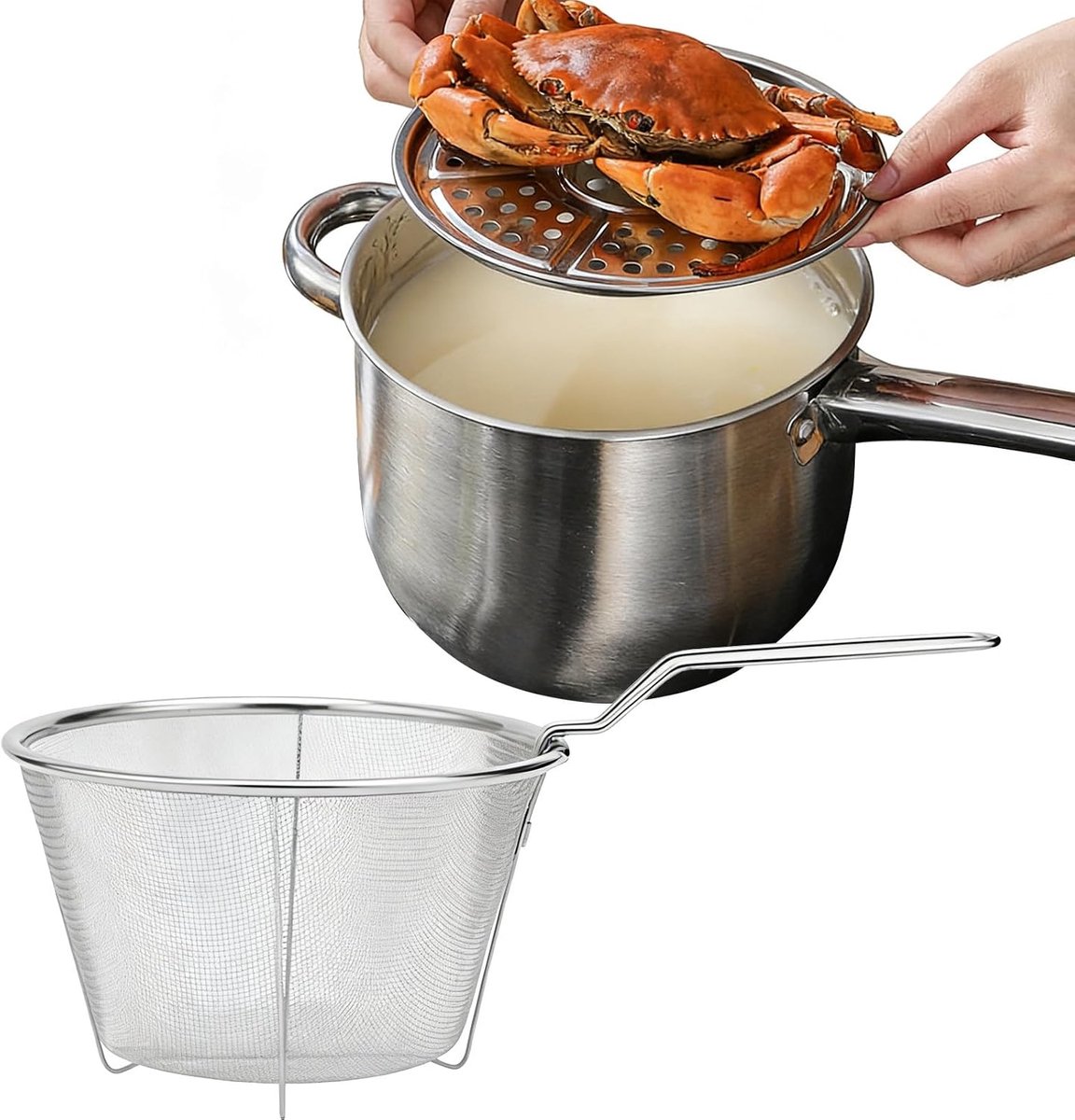 Frituurpan met mand - Kookgerei steelpan - Thuis koken - Gelijkmatige warmte - 38x13x19.5cm - Zilverkleurig