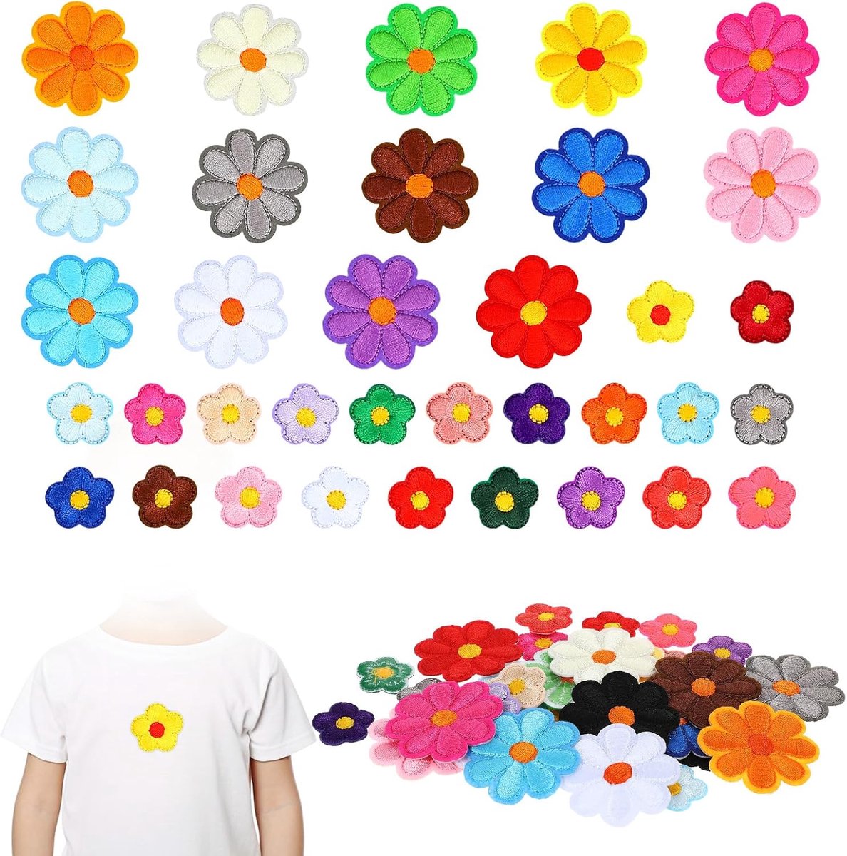 YAGXIG 37 strijkapplicaties - Strijkbadges - Geborduurde strijkapplicaties voor kleding - Schattige madeliefjesapplicaties - Opgenaaide geborduurde applicaties - Applicaties voor zelfgemaakte kleding en hoeden