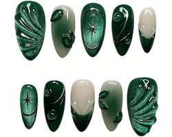 Plaknagels - 24 Stuks - Zelfklevende Plaknagels set - Press On Nails - Zonder lijm - Valse nagels - Handgemaakte Plaknagels voor Vrouwen - 3D Trap Leaf Jelly Gel Nagels - Cadeau voor vrouwen cadeautjes - Zwarte Groene