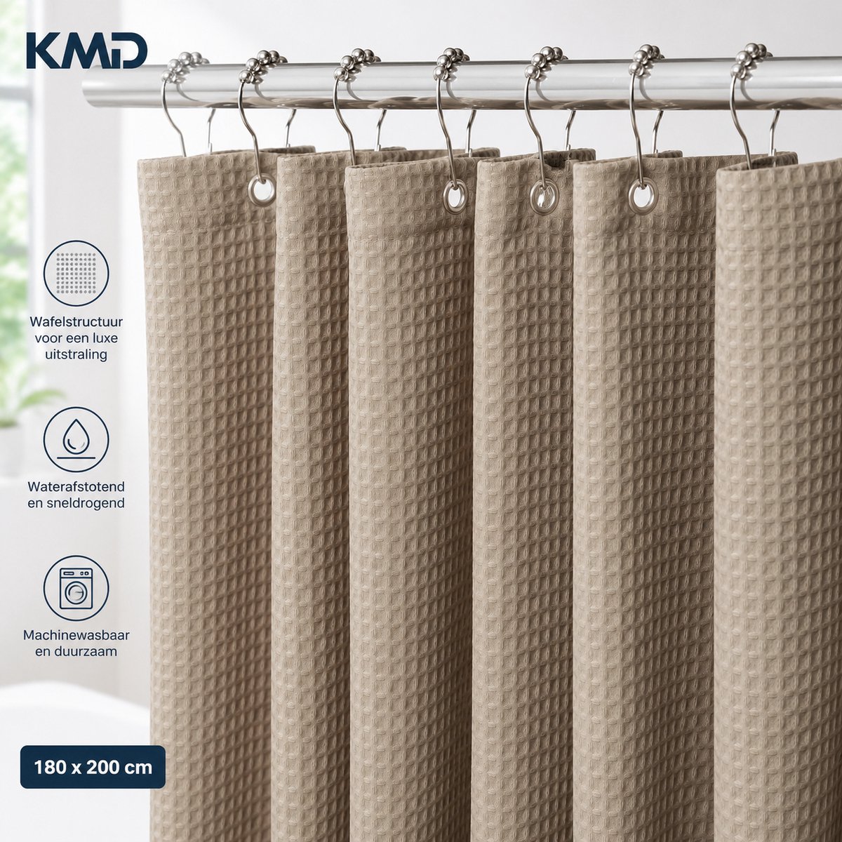 KMD Douchegordijn Wafelstof Waterdicht - Anti-schimmel Stoffen Textiel Badkamer Gordijn met Metalen Ringen - 182 x 214 cm (Khaki)